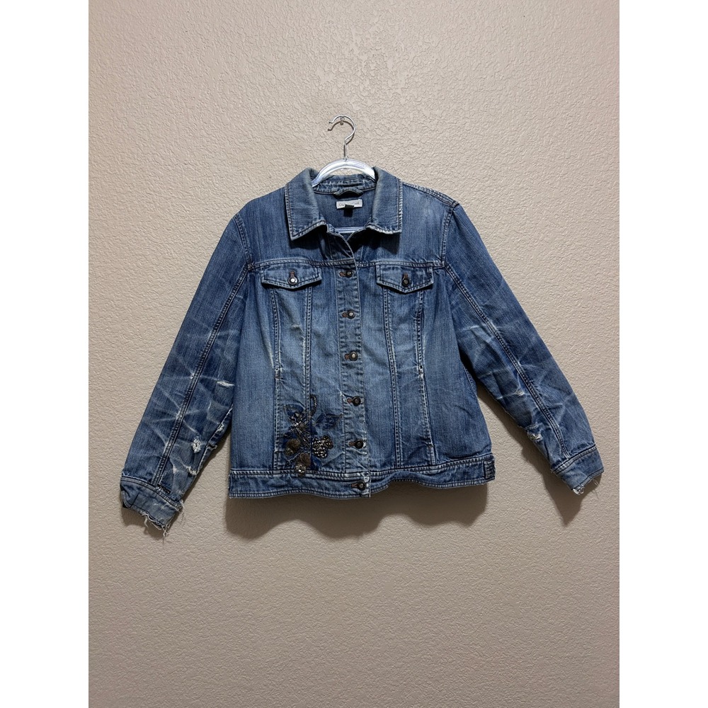 Coldwater Creek 16 Distressed Embroidered Denim Jacket Blue Sequin Boho Trucker